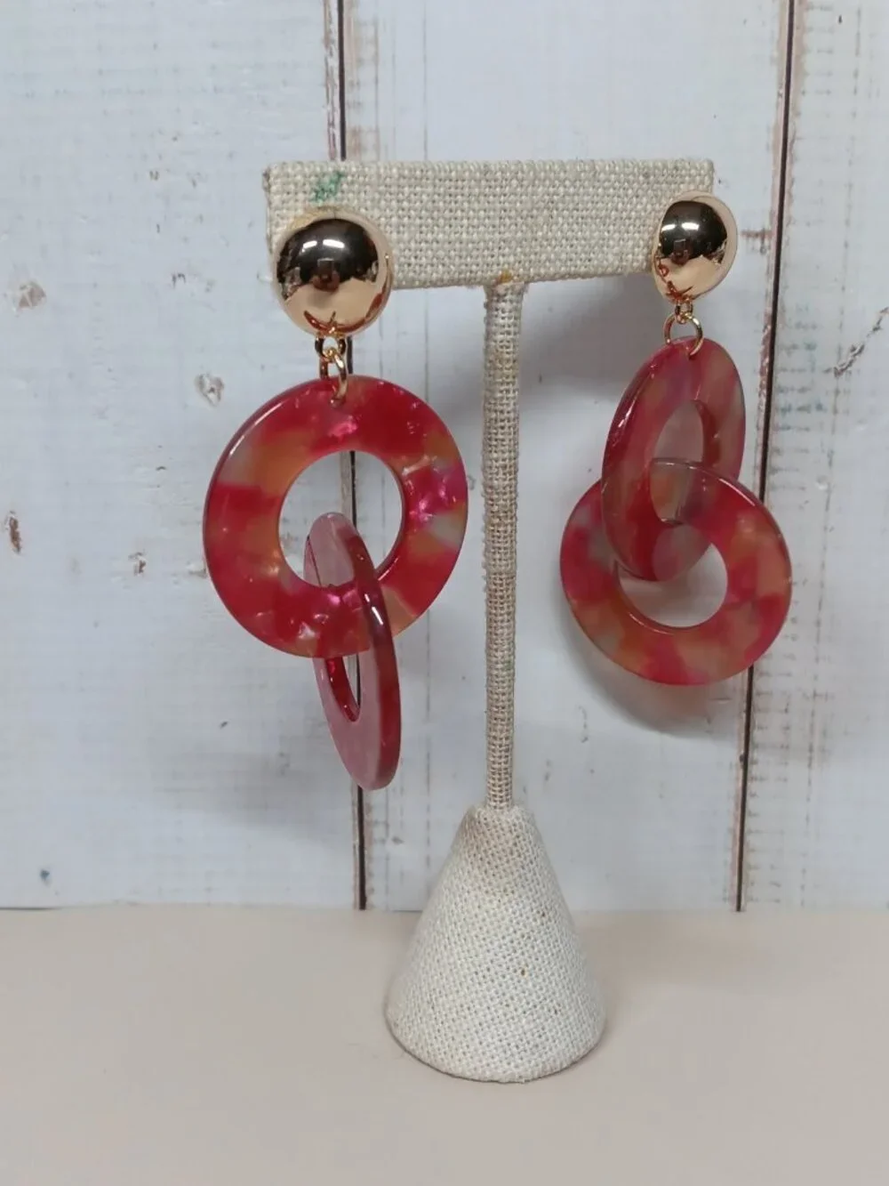 Pierced Earrings Marbled Interlocked Disks Dangle Drop Groovy Boho